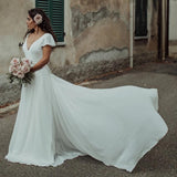 V Neck A-line Short Sleeves Wedding Dress Long Bridal Gowns OKX87