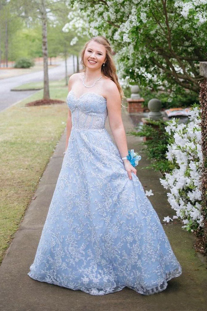 Vintage Sky Blue Long Strapless Prom Dress For Teens OKO93