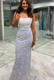 Shiny Mermaid White Sequined Long Prom Dress Floor-Length Spaghetti Straps Formal Dress OK1605