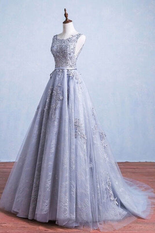 Glamorous A-Line Round Neck Gray Tulle Ball Gown Long Prom Dresses OK142