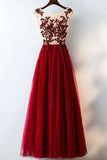 Charming Red A Line Long Tulle Lace Appliques Prom Dress OKC21
