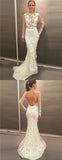 Mermaid Jewel Long Sleeves Sweep Train Bridal Dress, Prom Dress with Lace Appliques OKE36