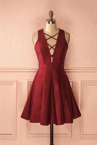 Simple Burgundy Satin A-line Deep V-neck Short Homecoming/Prom Dress,Graduation Dresses OK424