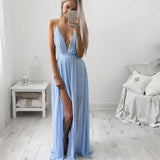 Sky Blue Chiffon Long V-Neck Spaghetti Straps Simple Prom Dresses OKD72
