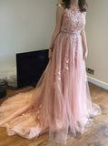 A Line Court Train Backless Pink Tulle Prom Dresses with Lace Appliques OKE41