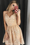 Stylish A Line Spaghetti Straps Short Homecoming Dress with Lace Appliques OKD14