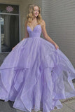 Princess Lavender Tiered Spaghetti Straps A Line Long Prom Dress OK1109