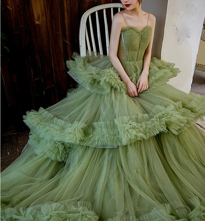Princess Spaghetti Straps Green Tulle Long Prom Dress A line Tiered Formal Evening Dress OK1667