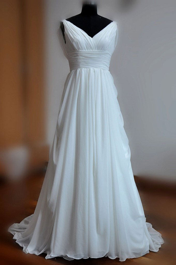 Simple White A-line V-neck Backless Sweep Train Chiffon Cheap Beach Wedding Dress OK219
