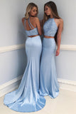 Fashion Light Blue High Neck Beading Long Prom Dresses,Two Piece Mermaid Evening Dress OK633