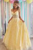 Yellow Lace Appliques A Line Tulle Prom Dresses Spaghetti Strap Formal Gown OK1971