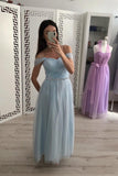 A Line Tulle Off the Shoulder Light Blue Cheap Prom Dress OKI79