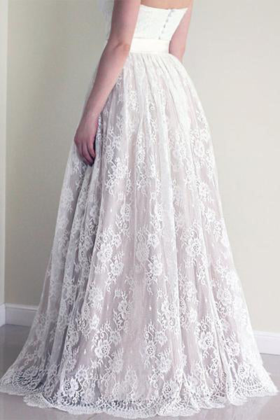 Sweetheart Sleeveless Long White Lace A Line Wedding Dresses with Belt OK528