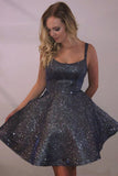 Cheap Spaghetti Strap Dark Grey Sparkly Homecoming Dress with Pocket OKO8