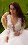 Princess A-Line V-Neck Tulle Ivory Long Sleeves Ball Gowns Wedding Dresses OK778