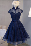 Vintage Homecoming Dresses,Lace Homecoming Dresses,Navy Blue Homecoming Dress,Short Prom Dress,Short Sleeve Homecoming Dresses,Homecoming Dress For Teens