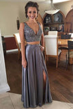 Sexy Two Piece Beaded Prom Dress,2 Piece Slit Evening Party Dress,Graduation Dress OK787