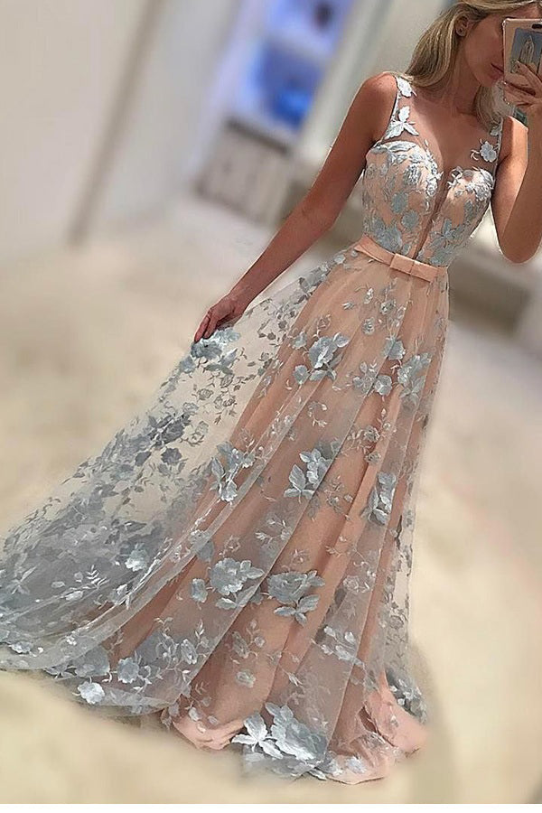 Charming Prom Dresses,Lace Prom Dresses,Long Prom Dresses,A Line Prom Dresses,Flower Prom Dress,Formal Evening Gown,Prom Dresses 2017