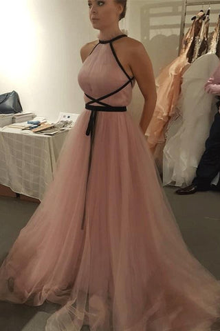 Chic Pink Tulle A-Line Cheap Long Prom Dress,Evening Dresses OKE17