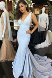 Elegant Mermaid Deep V-Neck Court Train Light Blue Prom Dresses OK756