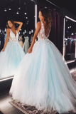 V Neck Teal Lace Floral Long Prom Dress A-line Tulle Long Formal Evening Dress OKW99