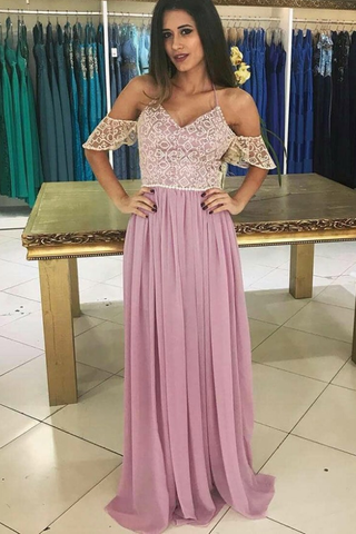 Cold Shoulder A-Line Spaghetti Straps Pink Long Chiffon Prom Dresses with Lace OKF97