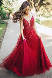 Red Prom Dresses,Tulle Prom Gown,V Neck Prom Dress,Spaghetti Straps Prom Dress,Appliques   Prom Dress