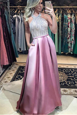 Stunning Beading Pink Halter Backless Prom Dress With Pockets OKG1