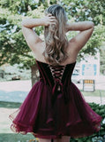 Burgundy Short Tulle Sweetheart A Line Mini Cocktail Party Dresses,Cheap Homecoming Dresses OKC16