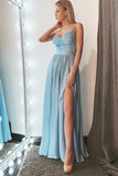 Simple A-Line Spaghetti Straps Blue Chiffon Long Prom Dresses with Slit OKB26