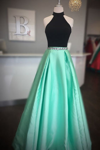 High Neck Two Piece Black And Mint Green Beads Long Prom Dresses OKF31