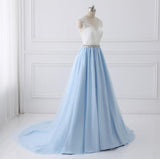 Sky Blue Long V Neck Evening Dresses with Beaded Belt,Lace Top Long Prom Dress OK980