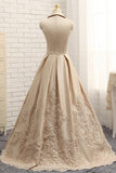 A-line V-neck Cap Sleeves Satin Appliques Lace Prom Gowns Long Formal Evening Dresses OK643