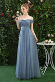 A Line Off the Shoulder Chiffon Blue Prom Dress Long Bridesmaid Dress OKQ82