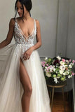 Sexy A-Line V-Neck Floor Length Ivory Prom Dresses with Beading Split OKJ8