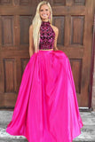 Two Piece Prom Dresses,High Neck Prom Gown,Open Back Prom Dress,Satin Prom Dress,Hot Pink  Prom Dress
