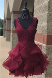  Organza Homecoming Dress,Lace Homecoming Dresses,Short Party Dresses,Lace Homecoming Dresses,V Neck Prom Dresses,Burgundy Homecoming Dresses