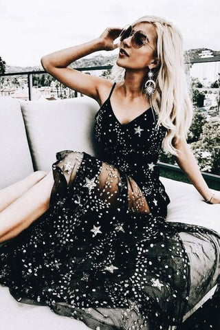 Sexy Sparkly Black Spaghetti Straps A Line Star Long Prom Dresses OKG9