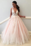 Applique Prom Dresses,Pale Pink Prom Gown,Ball Gown Prom Dress,V Neck Prom Dress,Tulle Prom Dresses