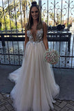 Sexy V Neck Tulle Long Prom Dresses,Cheap Evening Dress OK683