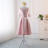 Pink Satin A Line Half Sleeves Lace Appliques Short Homecoming Dress OKC4