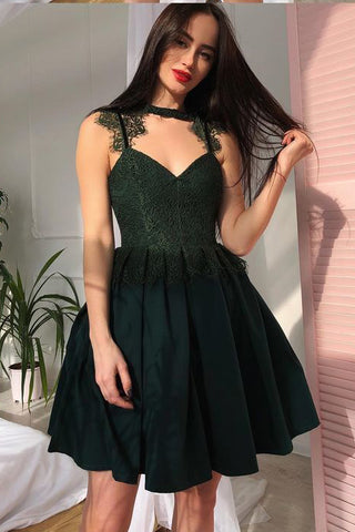 Dark Green A Line Satin Short Homecoming Dresses with Lace OKB41