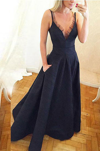 Elegant A-Line Spaghetti Straps V Neck Satin Navy Blue Prom Dresses With Pocket OKB45