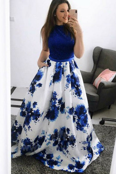 Fashion A-Line Jewel Blue Floral Long Prom Dresses with Pockets OKJ30