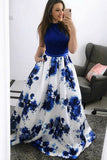 Fashion A-Line Jewel Blue Floral Long Prom Dresses with Pockets OKJ30
