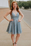 A-Line Spaghetti Straps Backless Blue Lace Homecoming Dresses OKM13