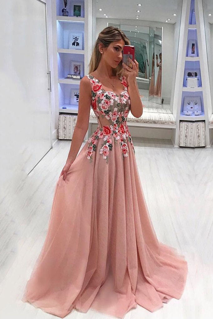 A Line Broad Straps Floral Appliqued Prom Dresses, Cheap Long Tulle Evening Dresses OKI33