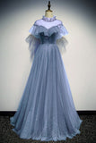 A Line High Neck Tulle Short Sleeves Prom Dress Long Evening Party Dress OKQ73