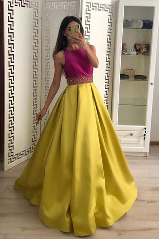 Stunning A Line Satin Yellow Beaded Sleeveless Long Prom Dress OKI51