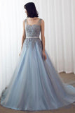 Sky Blue Formal Long Lace Appliqued Gray Tulle Prom Dress Cheap Quinceanera Dresses OKP2